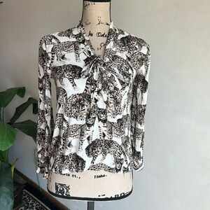 H&M Big Cat Print Long Sleeve Neck Tie Blouse Size 2